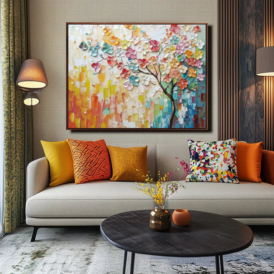 Rainbow Bloom Tree-Modern Three-Dimensional Rainbow Floral Tree Texture Oil Painting Wall Art - artextured