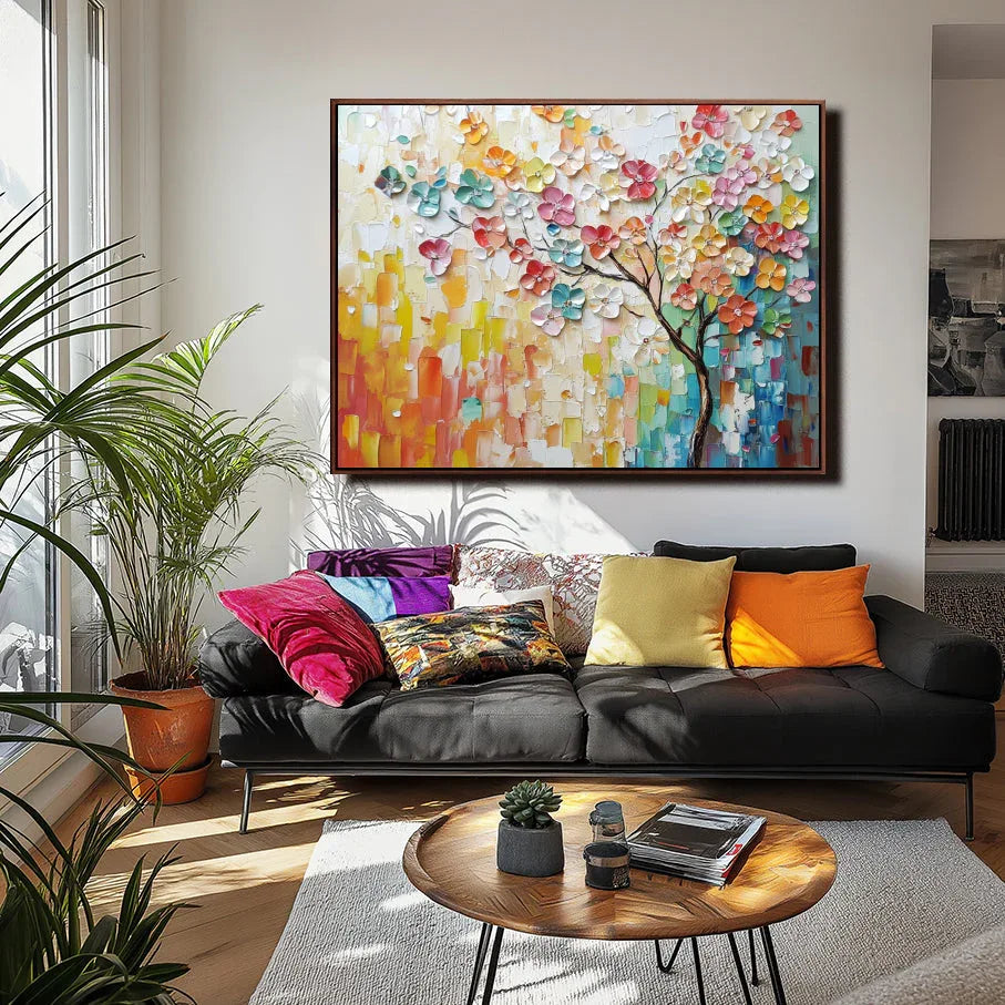 Rainbow Bloom Tree-Modern Three-Dimensional Rainbow Floral Tree Texture Oil Painting Wall Art - artextured