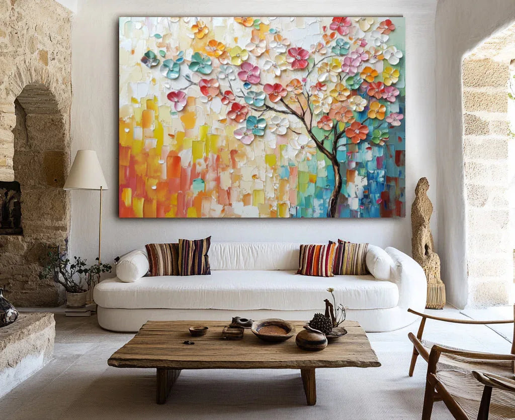 Rainbow Bloom Tree-Modern Three-Dimensional Rainbow Floral Tree Texture Oil Painting Wall Art - artextured