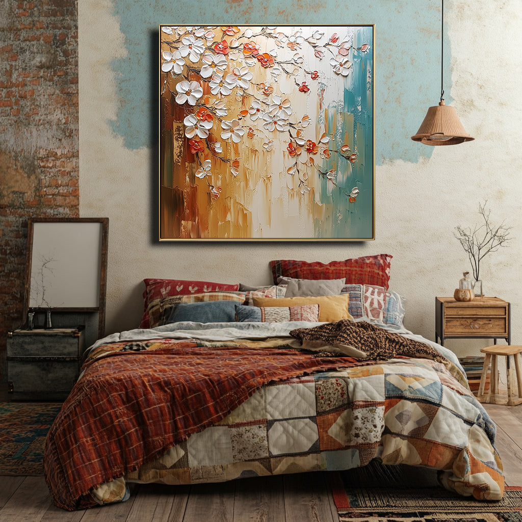 Blossoms of Warmth-Hand Drawn Color Interwoven Texture Flower Tree Wall Art