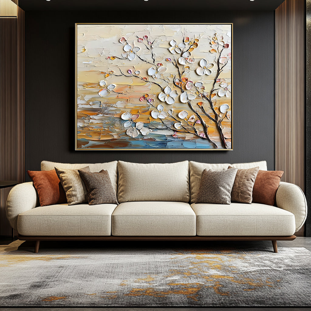 Blossom Serenade - Warm Color Texture Flower and Tree Wall Art for Modern Living Room or Bedroom Decoration