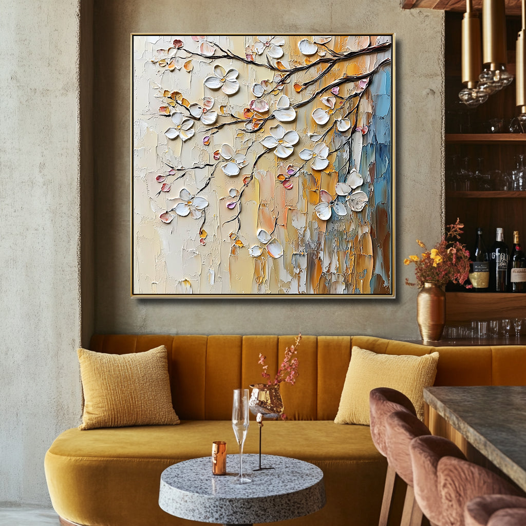 Blossom Serenade - Warm Color Texture Flower and Tree Wall Art for Modern Living Room or Bedroom Decoration