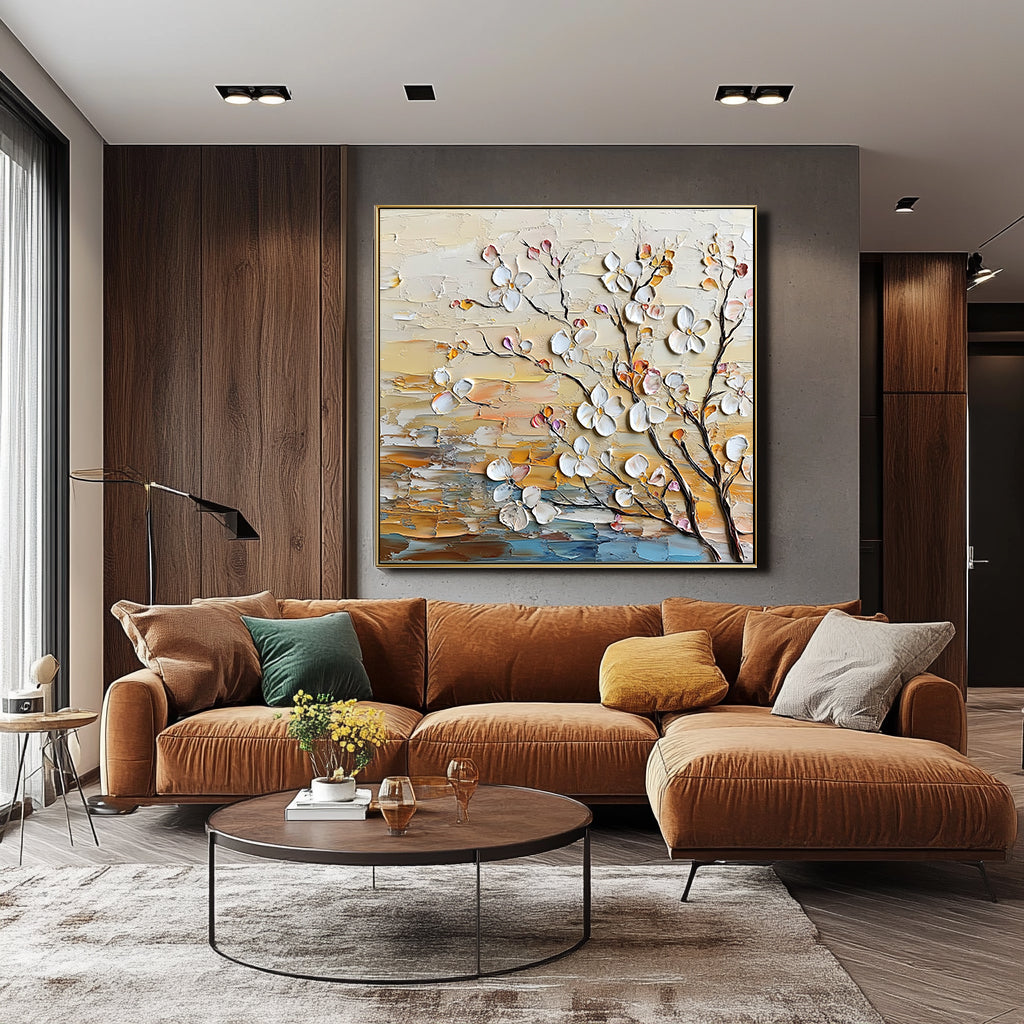 Blossom Serenade - Warm Color Texture Flower and Tree Wall Art for Modern Living Room or Bedroom Decoration