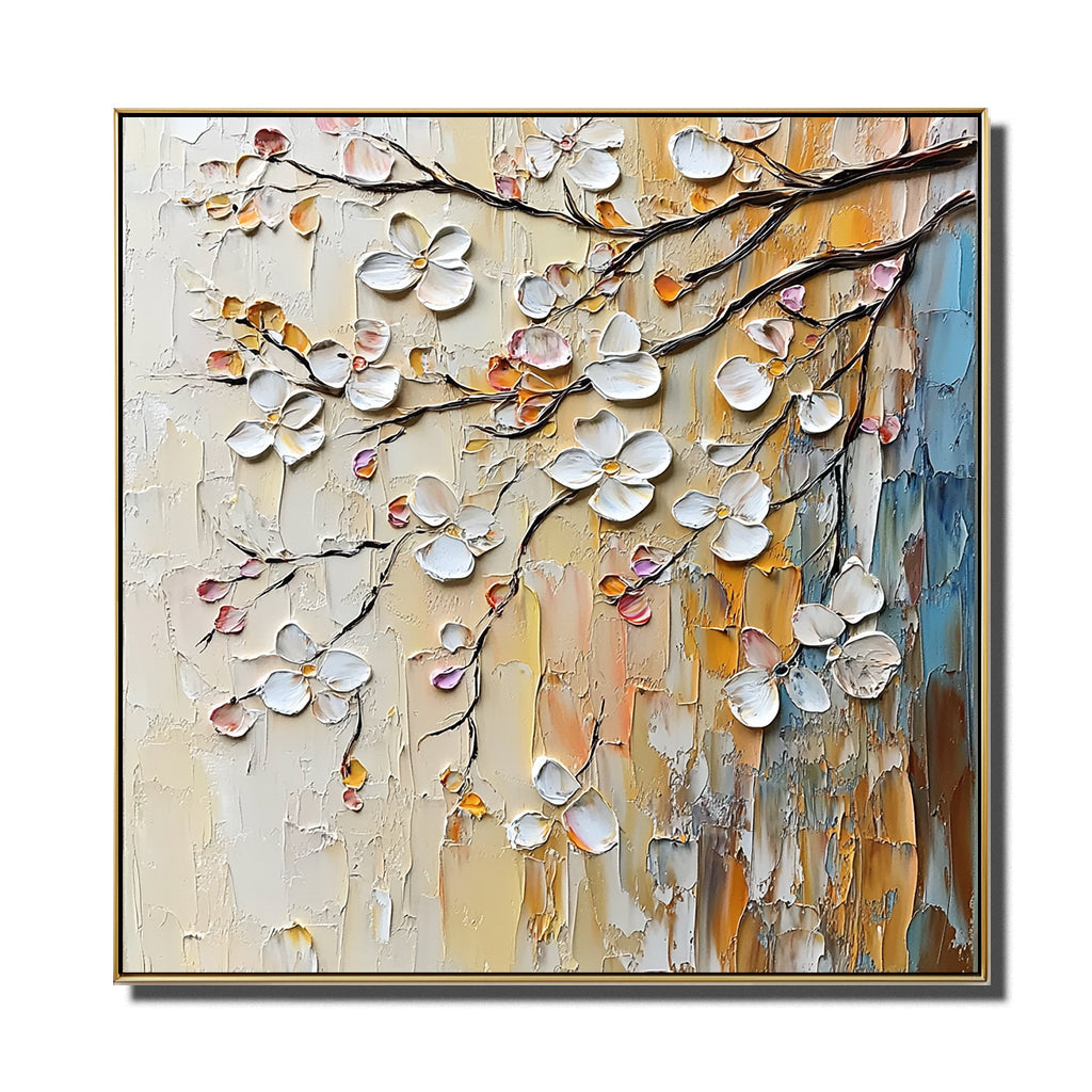 Blossom Serenade - Warm Color Texture Flower and Tree Wall Art for Modern Living Room or Bedroom Decoration