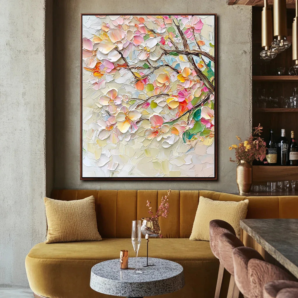 Blossoms of Serenity Canvas-Vertical Hand-Painted Pink Floral and Tree Branch Texture Oil Painting Wall Art - artextured