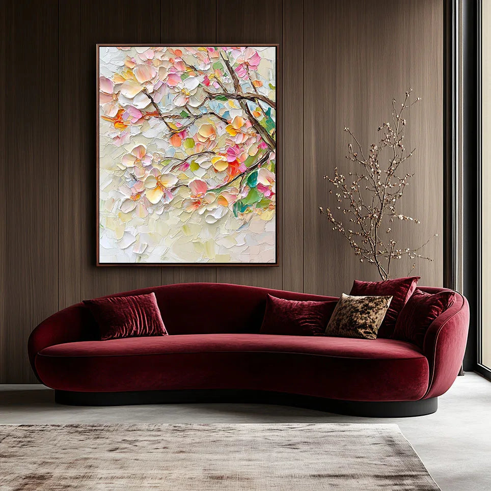 Blossoms of Serenity Canvas-Vertical Hand-Painted Pink Floral and Tree Branch Texture Oil Painting Wall Art - artextured
