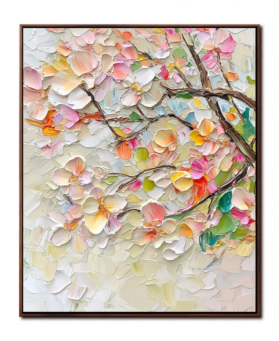 Blossoms of Serenity Canvas-Vertical Hand-Painted Pink Floral and Tree Branch Texture Oil Painting Wall Art - artextured