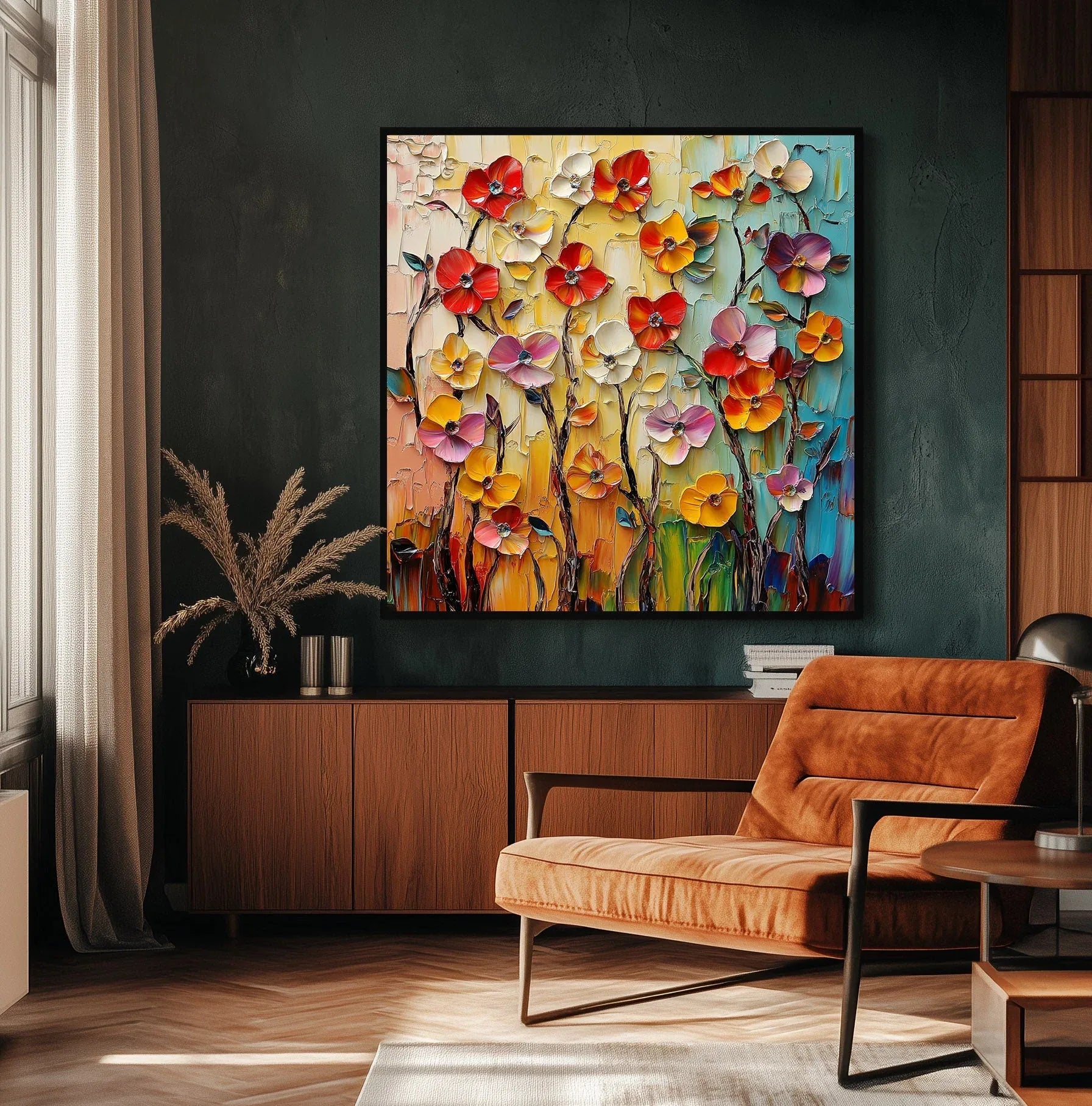 Radiant Floral Cascade - Texture Oil Painting Wall art With Hand Drawn Layered Flowers - artextured