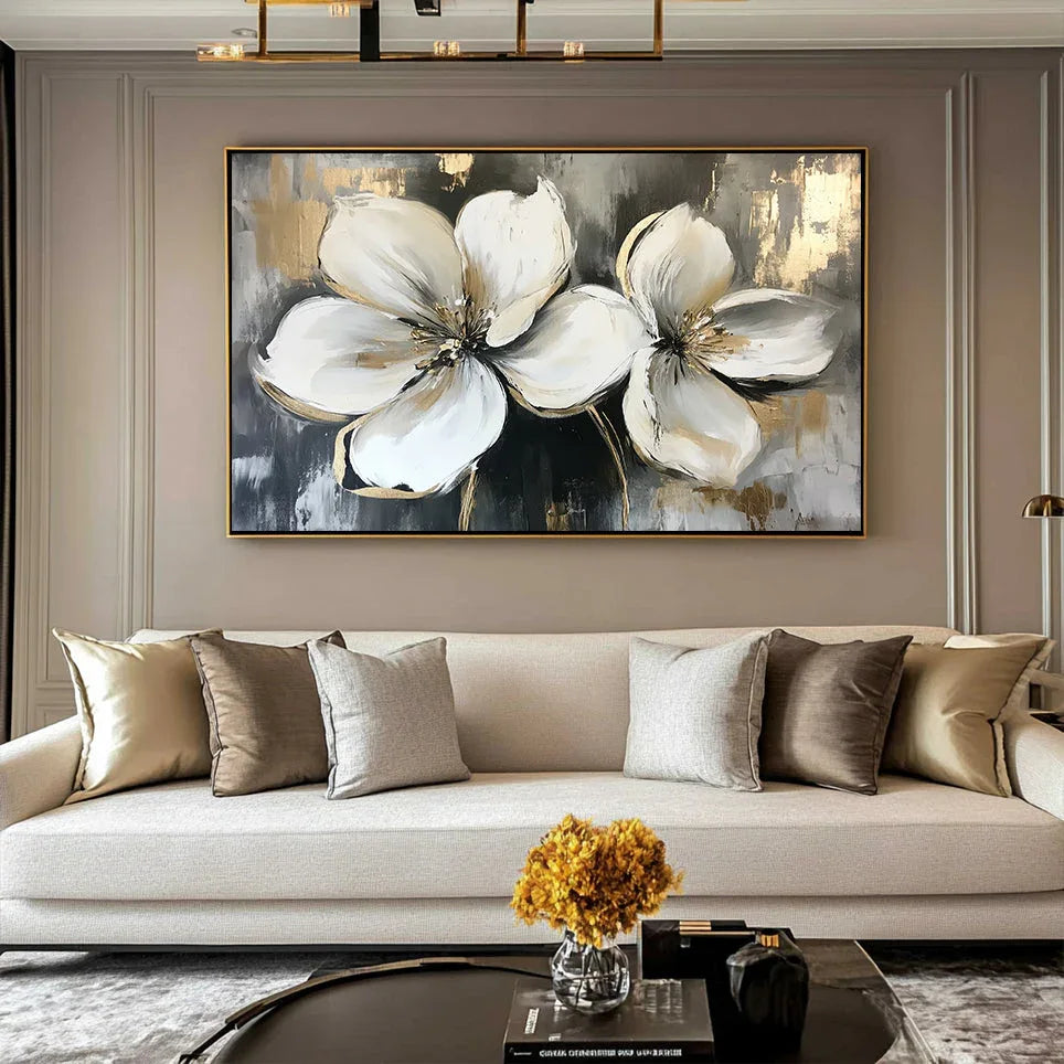 Radiance of Twin Blooms-Three-Dimensional Double-Petaled Platinum Flower Texture Wall Art for Modern Home Decoration - artextured