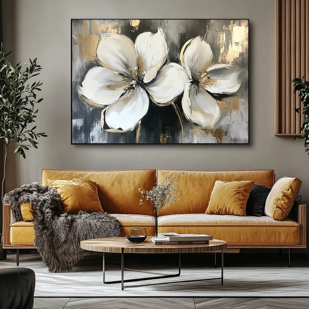 Radiance of Twin Blooms-Three-Dimensional Double-Petaled Platinum Flower Texture Wall Art for Modern Home Decoration - artextured