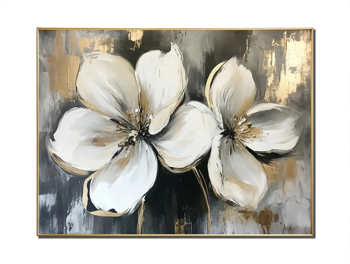 Radiance of Twin Blooms-Three-Dimensional Double-Petaled Platinum Flower Texture Wall Art for Modern Home Decoration - artextured