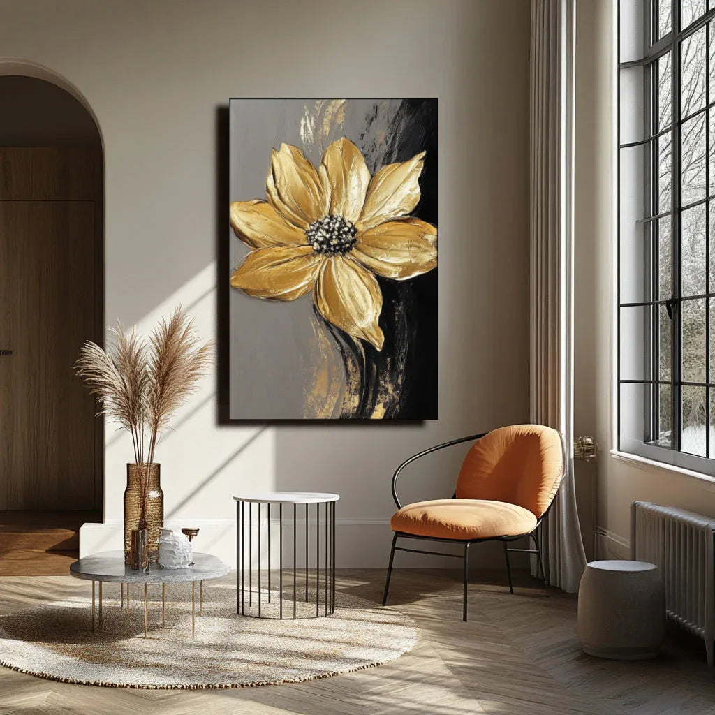 Golden Bloom Symphony-Vertical Three-Dimensional Abstract Wall Art Featuring Black and Gold Flowers - artextured