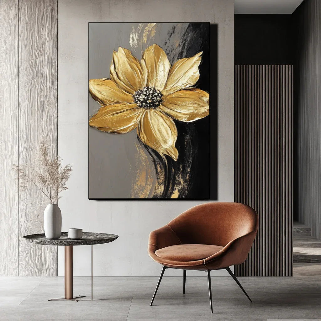 Golden Bloom Symphony-Vertical Three-Dimensional Abstract Wall Art Featuring Black and Gold Flowers - artextured