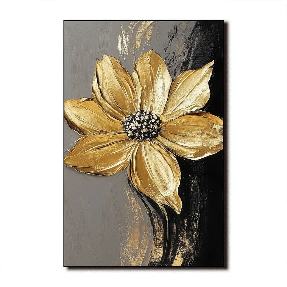 Golden Bloom Symphony-Vertical Three-Dimensional Abstract Wall Art Featuring Black and Gold Flowers - artextured