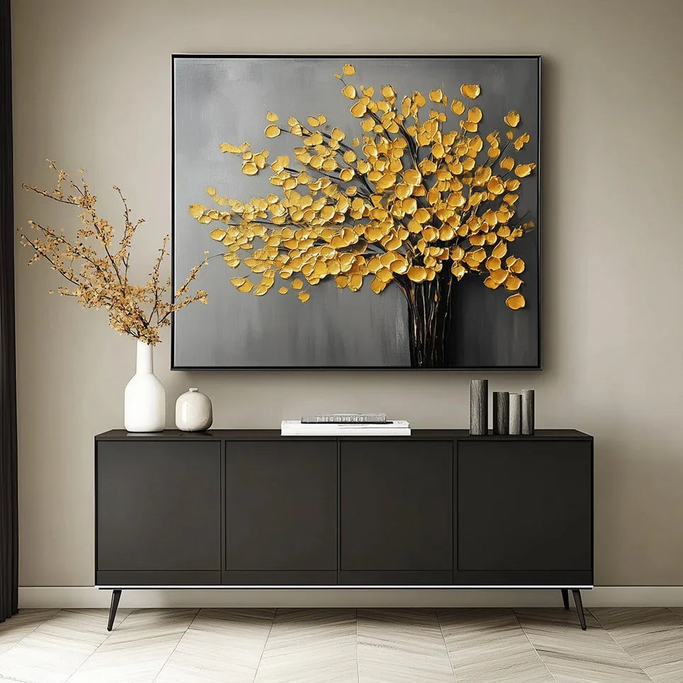 Golden Autumn Reverie-Minimalist Hand Drawn 3D Golden Leaf Tree Texture Oil Painting Wall Art - artextured