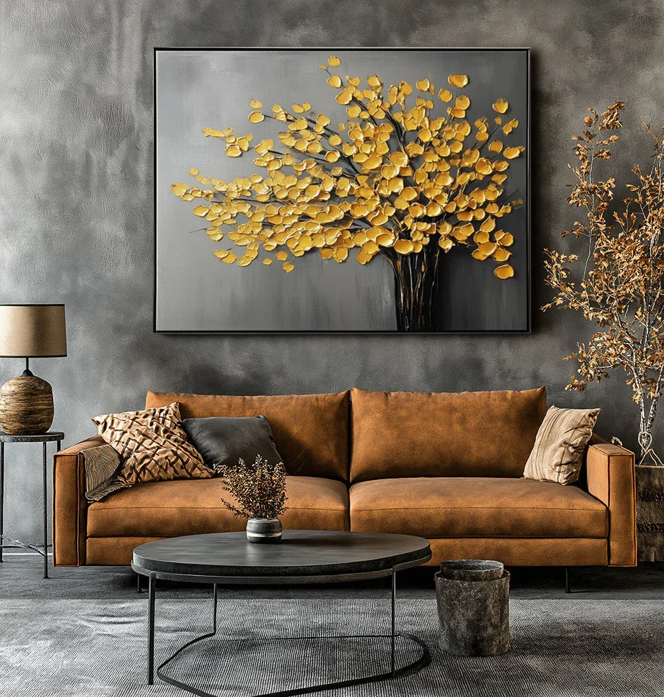 Golden Autumn Reverie-Minimalist Hand Drawn 3D Golden Leaf Tree Texture Oil Painting Wall Art - artextured