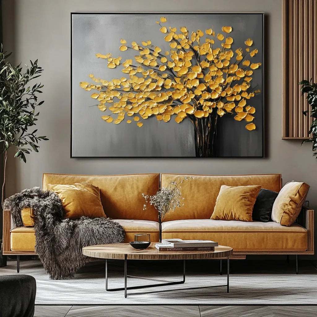 Golden Autumn Reverie-Minimalist Hand Drawn 3D Golden Leaf Tree Texture Oil Painting Wall Art - artextured