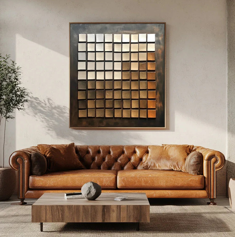Ethereal Bronze Mosaic - Geometric Blocks Retro Style Abstract Oil Painting Wall Art - artextured
