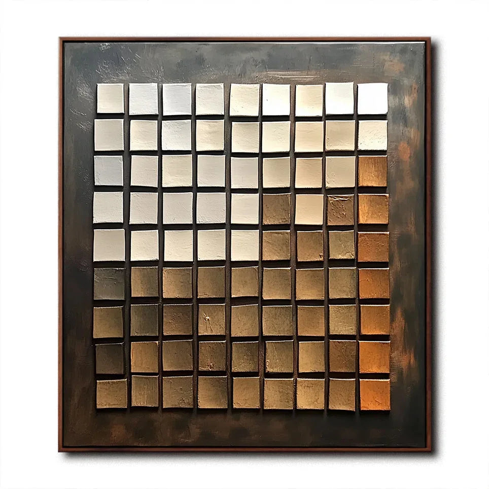 Ethereal Bronze Mosaic - Geometric Blocks Retro Style Abstract Oil Painting Wall Art - artextured