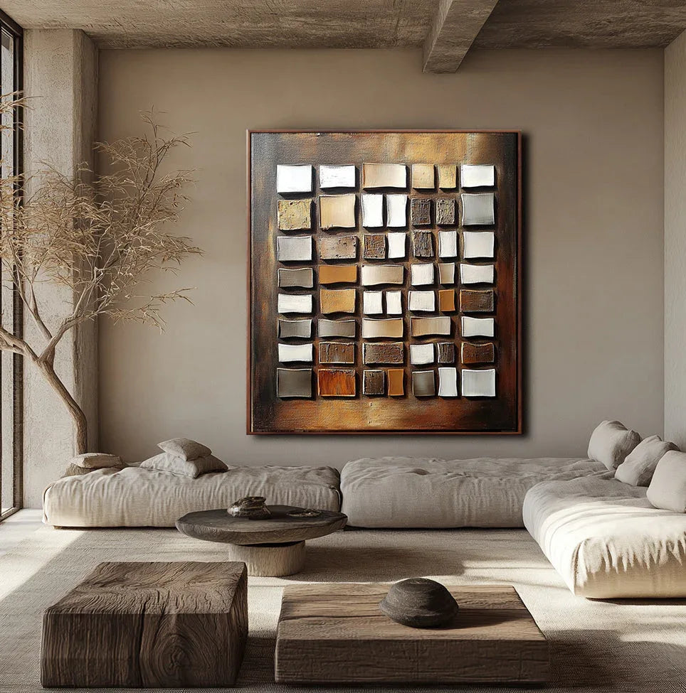 Geometric Glow-Wabi Sabi Style Hand-Painted Textured Block Abstract Oil Painting Wall Art - artextured