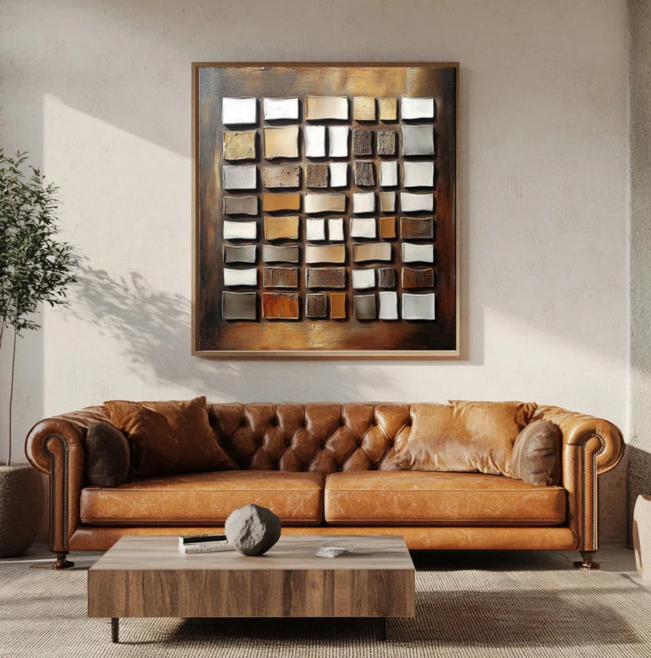 Geometric Glow-Wabi Sabi Style Hand-Painted Textured Block Abstract Oil Painting Wall Art - artextured