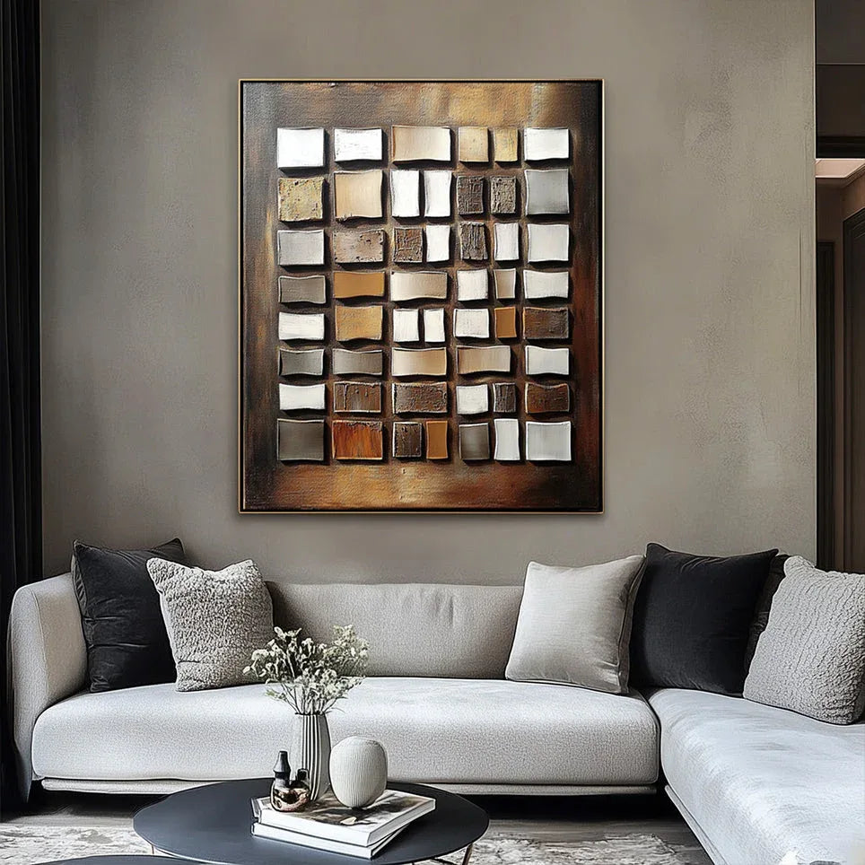 Geometric Glow-Wabi Sabi Style Hand-Painted Textured Block Abstract Oil Painting Wall Art - artextured