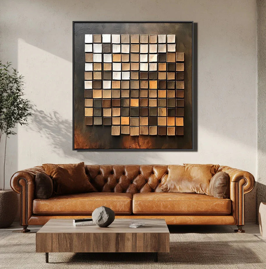 Mosaic Reflections-Abstract Oil Painting Wall Art of Three-Dimensional Geometric Blocks - artextured