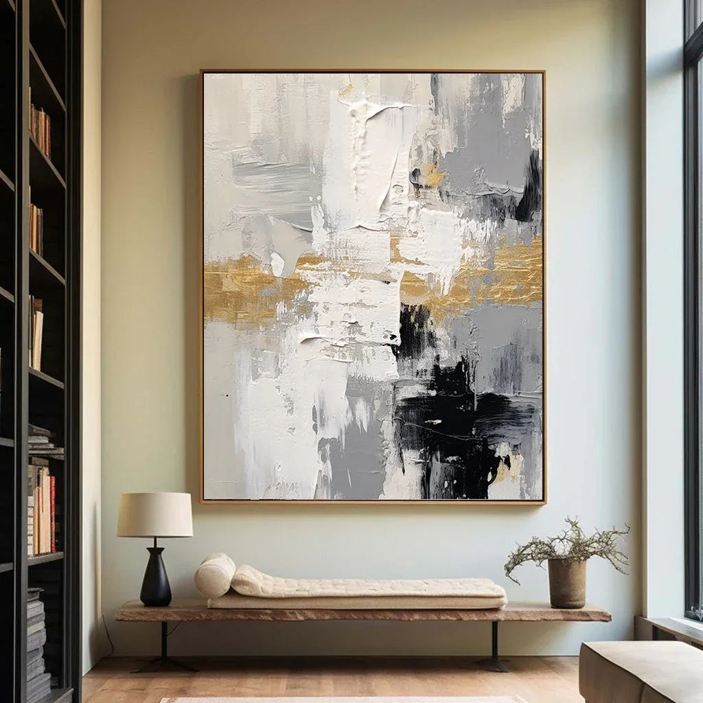 Golden Horizon Abstract Canvas-Gold Foil Embellishes Abstract Texture Wall Art Featuring Black, White, and Gray - artextured
