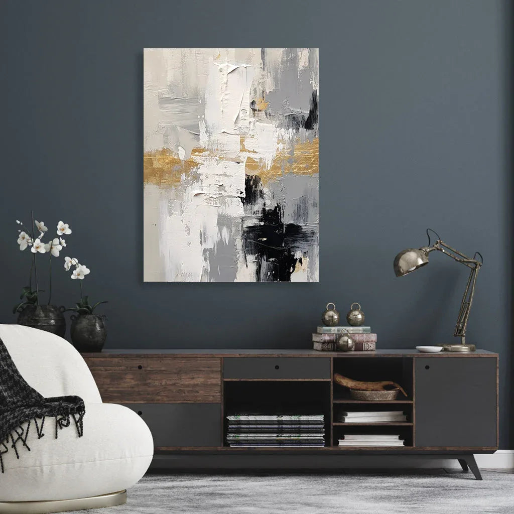 Golden Horizon Abstract Canvas-Gold Foil Embellishes Abstract Texture Wall Art Featuring Black, White, and Gray - artextured