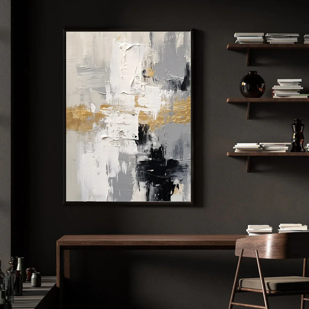 Golden Horizon Abstract Canvas-Gold Foil Embellishes Abstract Texture Wall Art Featuring Black, White, and Gray - artextured