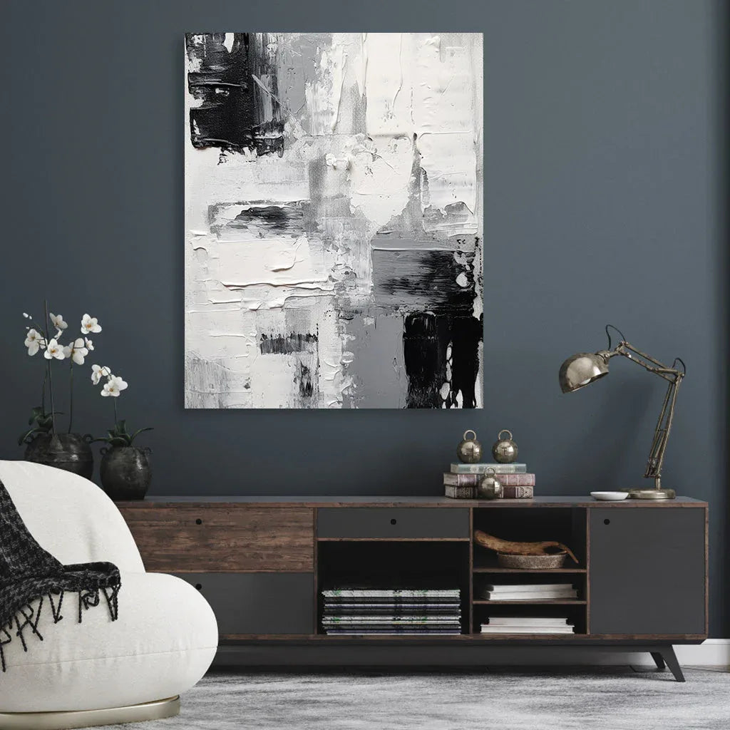 Monochrome Dimensions-Modern Minimalist Black and White Texture Abstract Oil Painting Wall Art - artextured