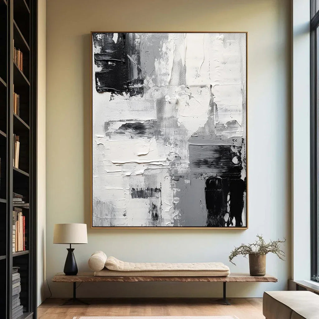 Monochrome Dimensions-Modern Minimalist Black and White Texture Abstract Oil Painting Wall Art - artextured