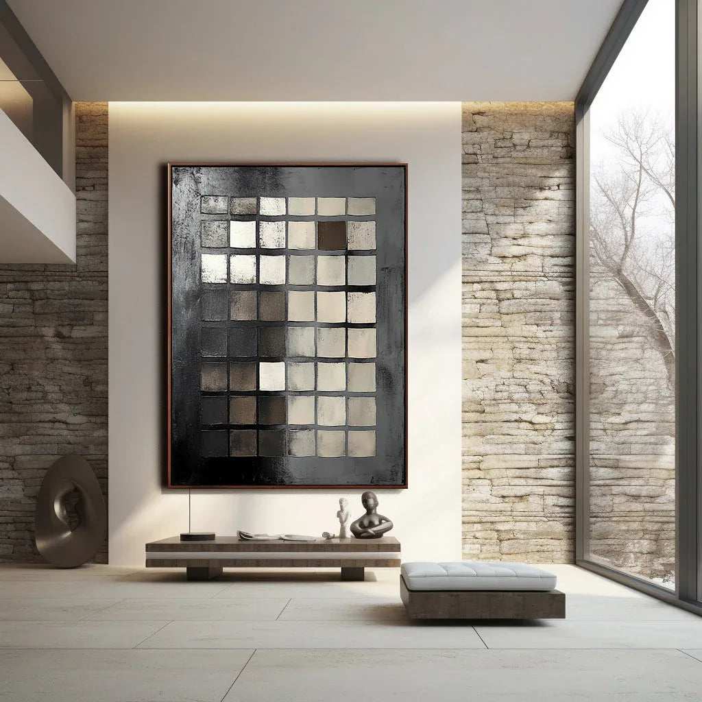 Monochrome Mosaic Canvas-Minimalist Black, White, and Gray Square Matrix Abstract Oil Painting Wall Art - artextured