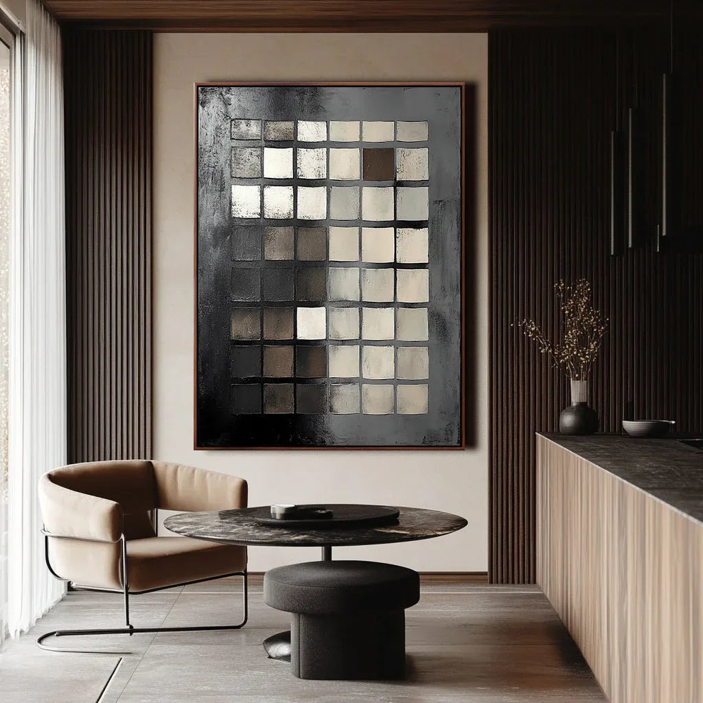 Monochrome Mosaic Canvas-Minimalist Black, White, and Gray Square Matrix Abstract Oil Painting Wall Art - artextured