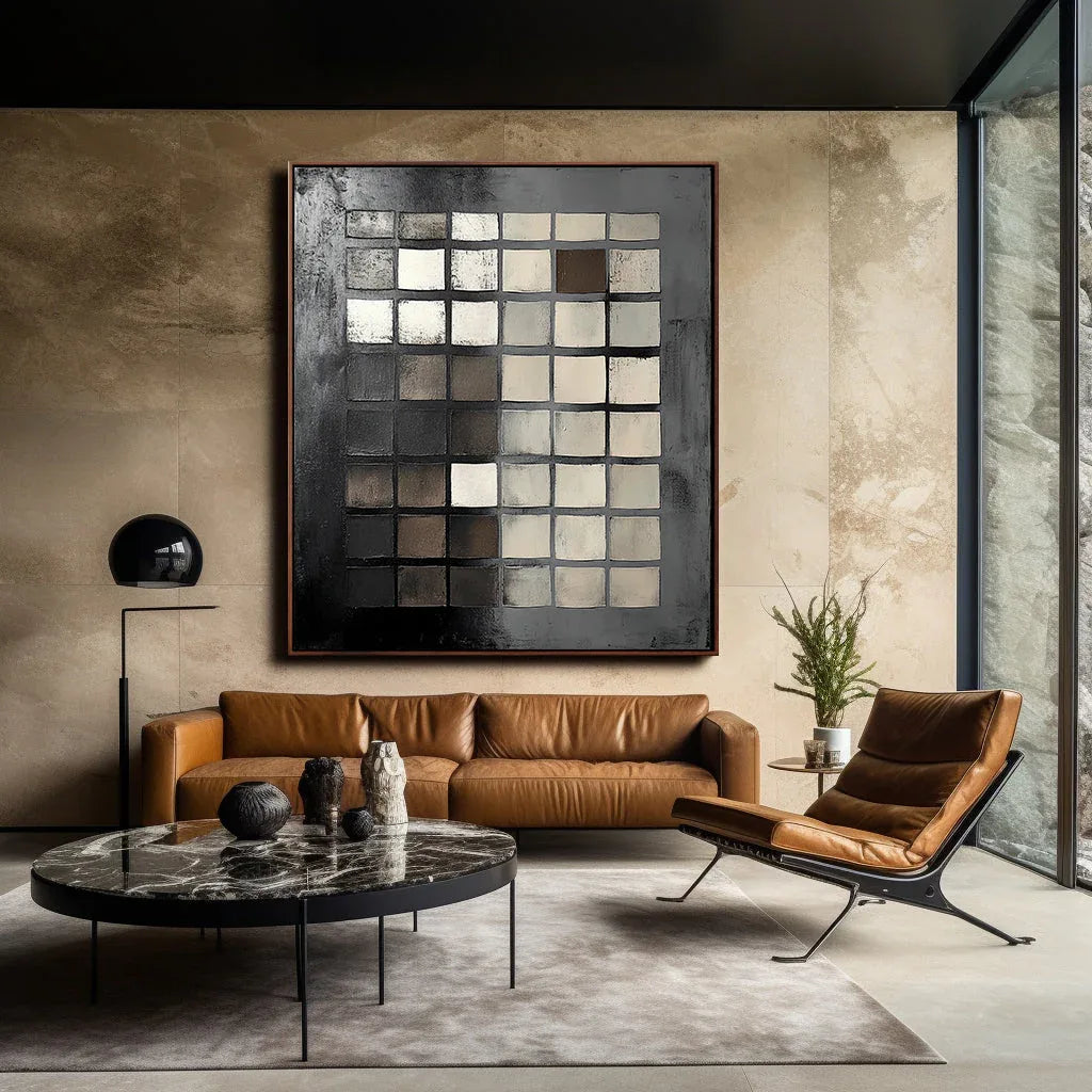 Monochrome Mosaic Canvas-Minimalist Black, White, and Gray Square Matrix Abstract Oil Painting Wall Art - artextured