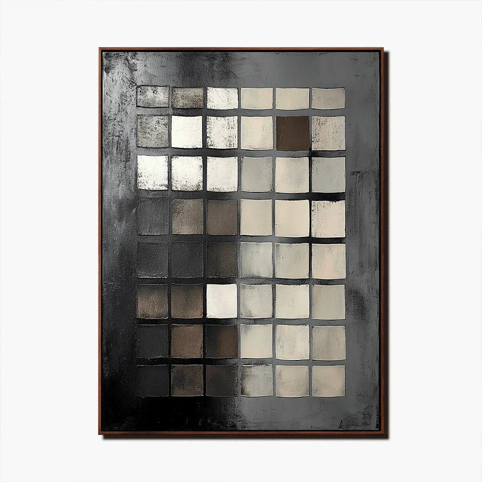 Monochrome Mosaic Canvas-Minimalist Black, White, and Gray Square Matrix Abstract Oil Painting Wall Art - artextured