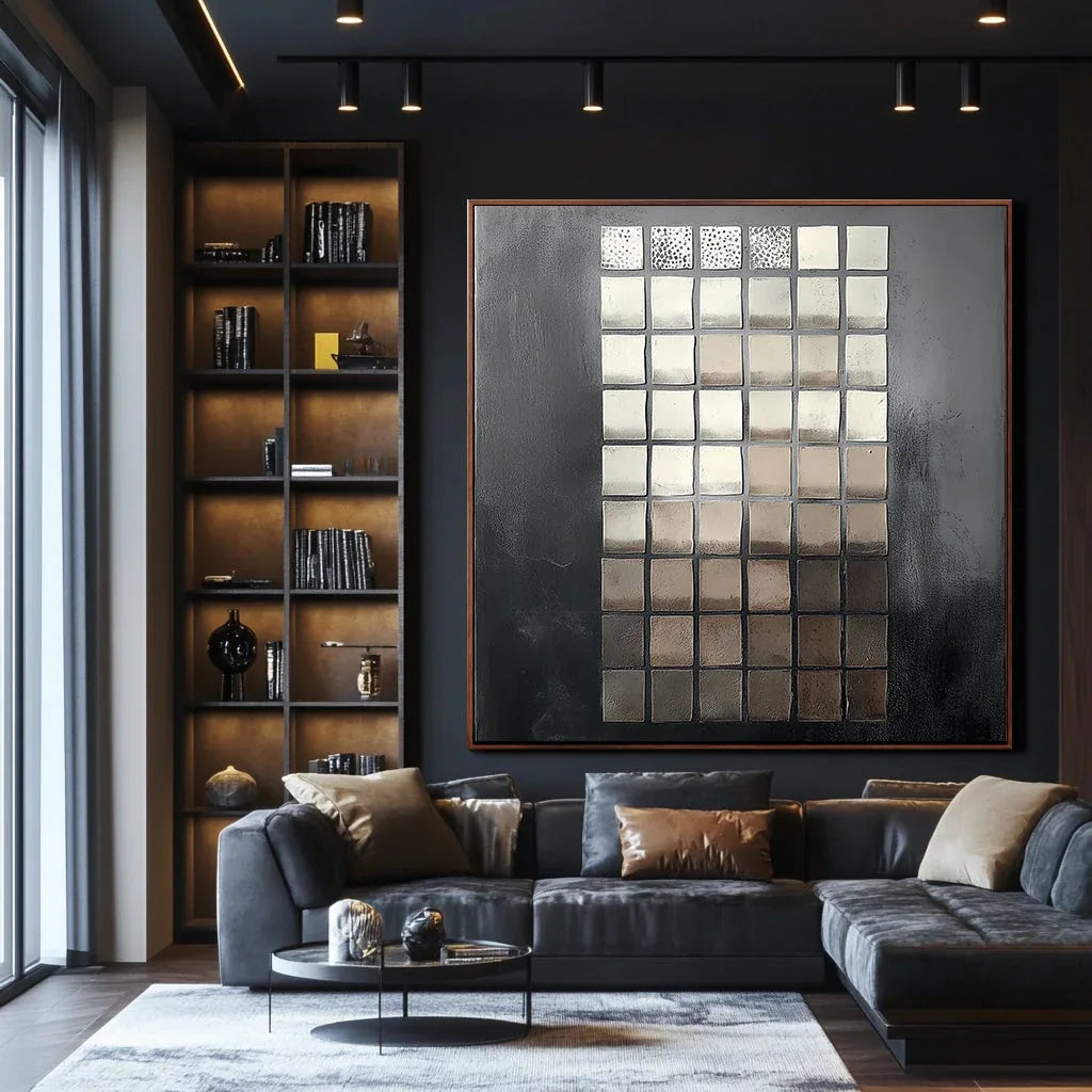 Echoes of Geometry in Texture-Modern geometric black gold square abstract wall art - artextured