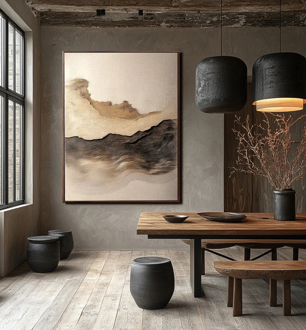 Golden Horizon-Hand-Painted Three-Dimensional Abstract Wall Art Featuring Earthy Wave Patterns and a Wabi-Sabi Texture - artextured