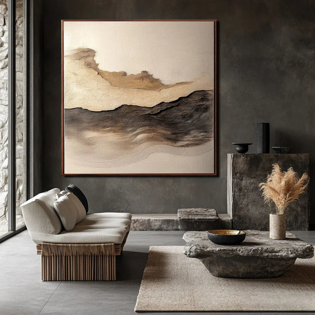 Golden Horizon-Hand-Painted Three-Dimensional Abstract Wall Art Featuring Earthy Wave Patterns and a Wabi-Sabi Texture - artextured