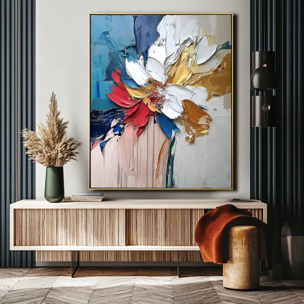 Blooming Essence in Gold-Abstract Wall Art Featuring Three-Dimensional Texture and Colorful Flowers - artextured