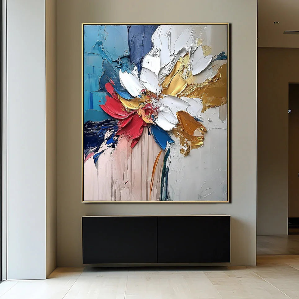 Blooming Essence in Gold-Abstract Wall Art Featuring Three-Dimensional Texture and Colorful Flowers - artextured