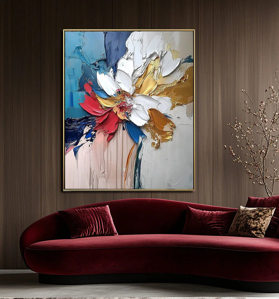 Blooming Essence in Gold-Abstract Wall Art Featuring Three-Dimensional Texture and Colorful Flowers - artextured