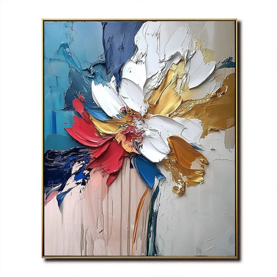 Blooming Essence in Gold-Abstract Wall Art Featuring Three-Dimensional Texture and Colorful Flowers - artextured