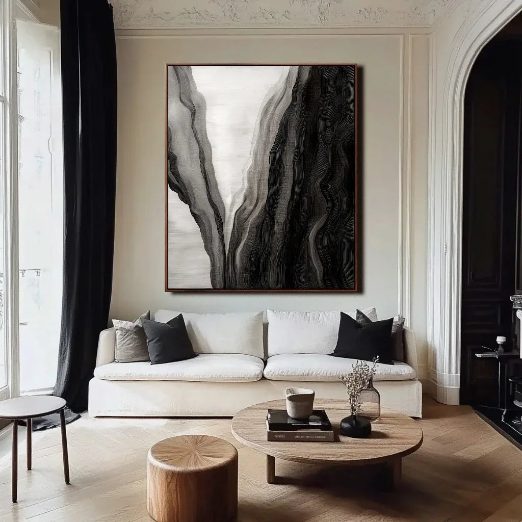 Ethereal Flow-Modern Abstract Black and White Canyon Rhythm Texture Oil Painting Wall Art - artextured