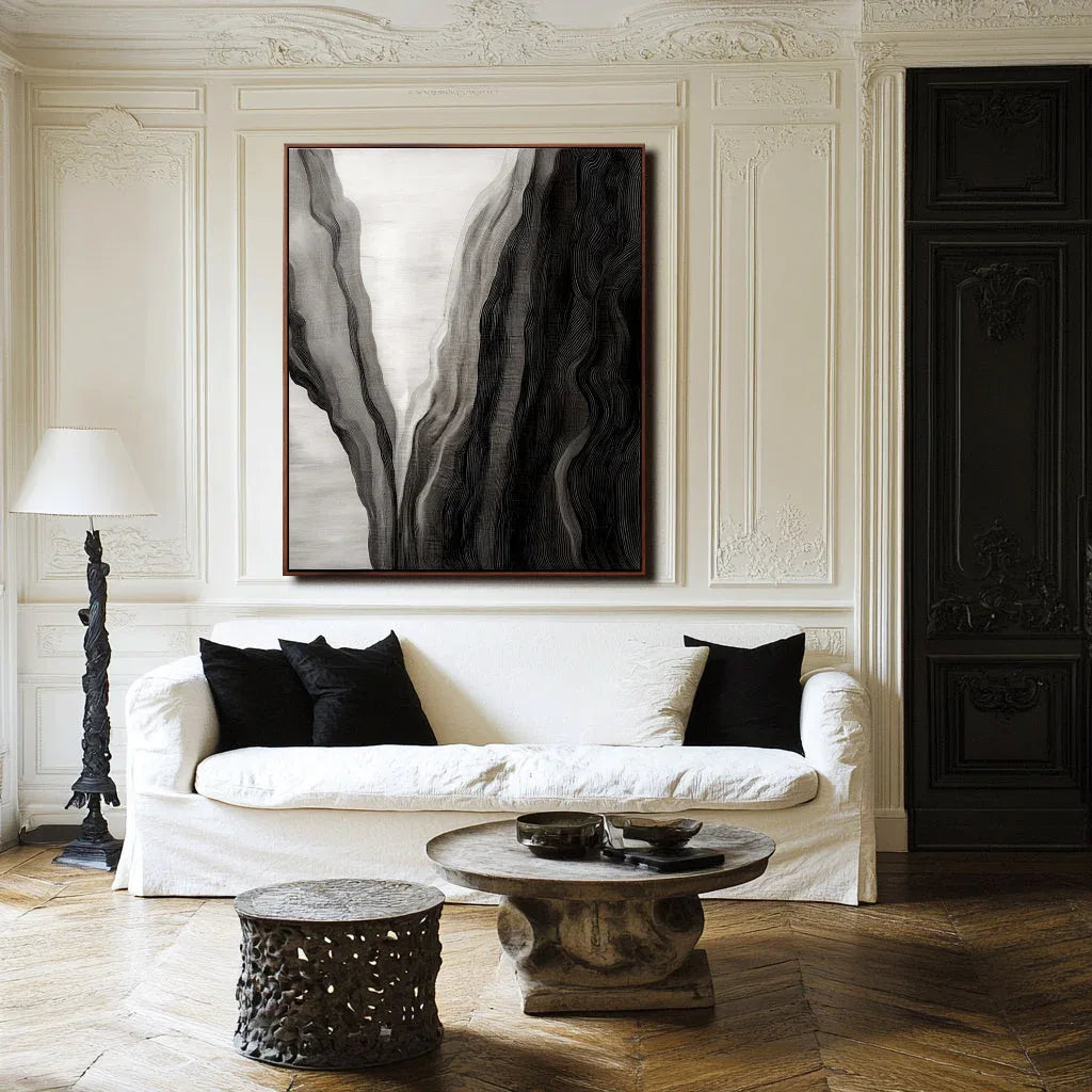 Ethereal Flow-Modern Abstract Black and White Canyon Rhythm Texture Oil Painting Wall Art - artextured