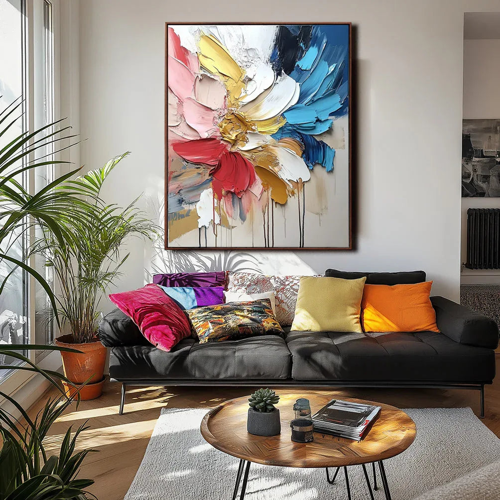 Radiant Floral Cascade -Hand drawn 3D Colorful Flower Texture Wall Art - artextured