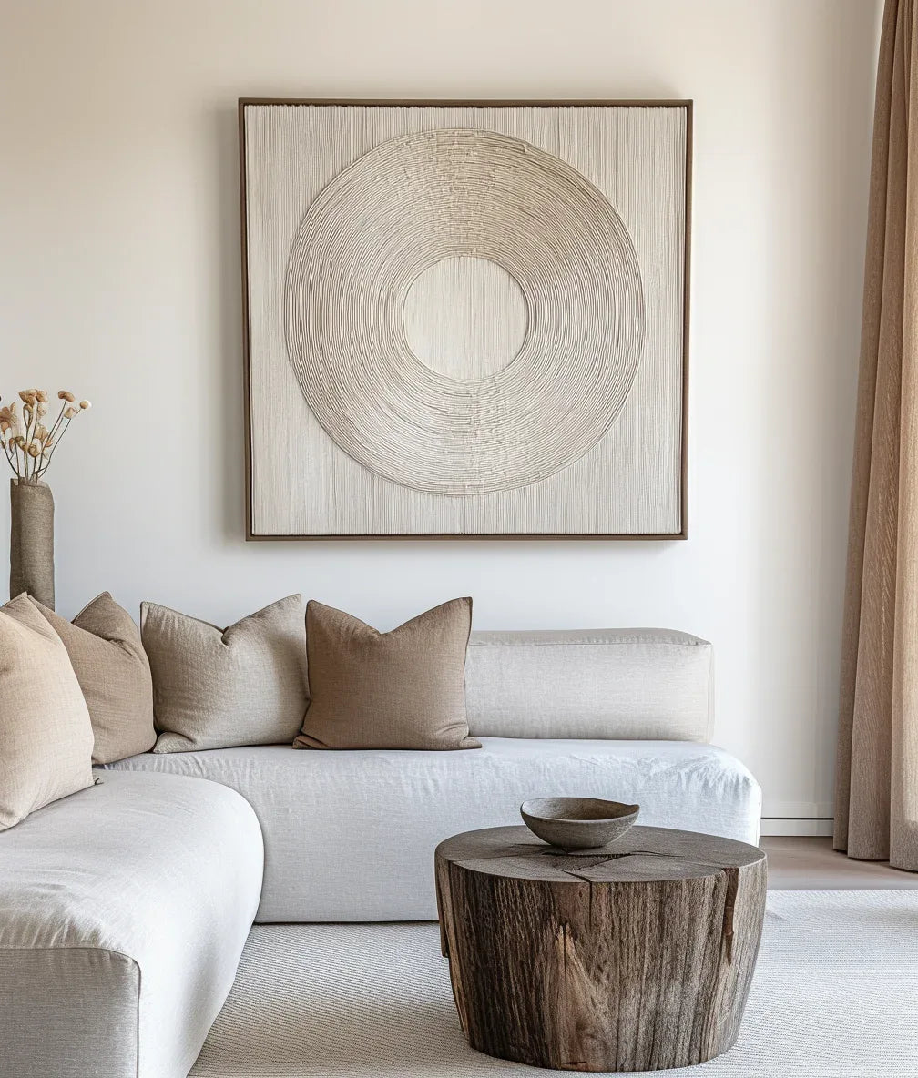 Serene Circle Textured Canvas-Minimally Styled Light Beige Hand-Painted Concentric Circular Wall Art - artextured