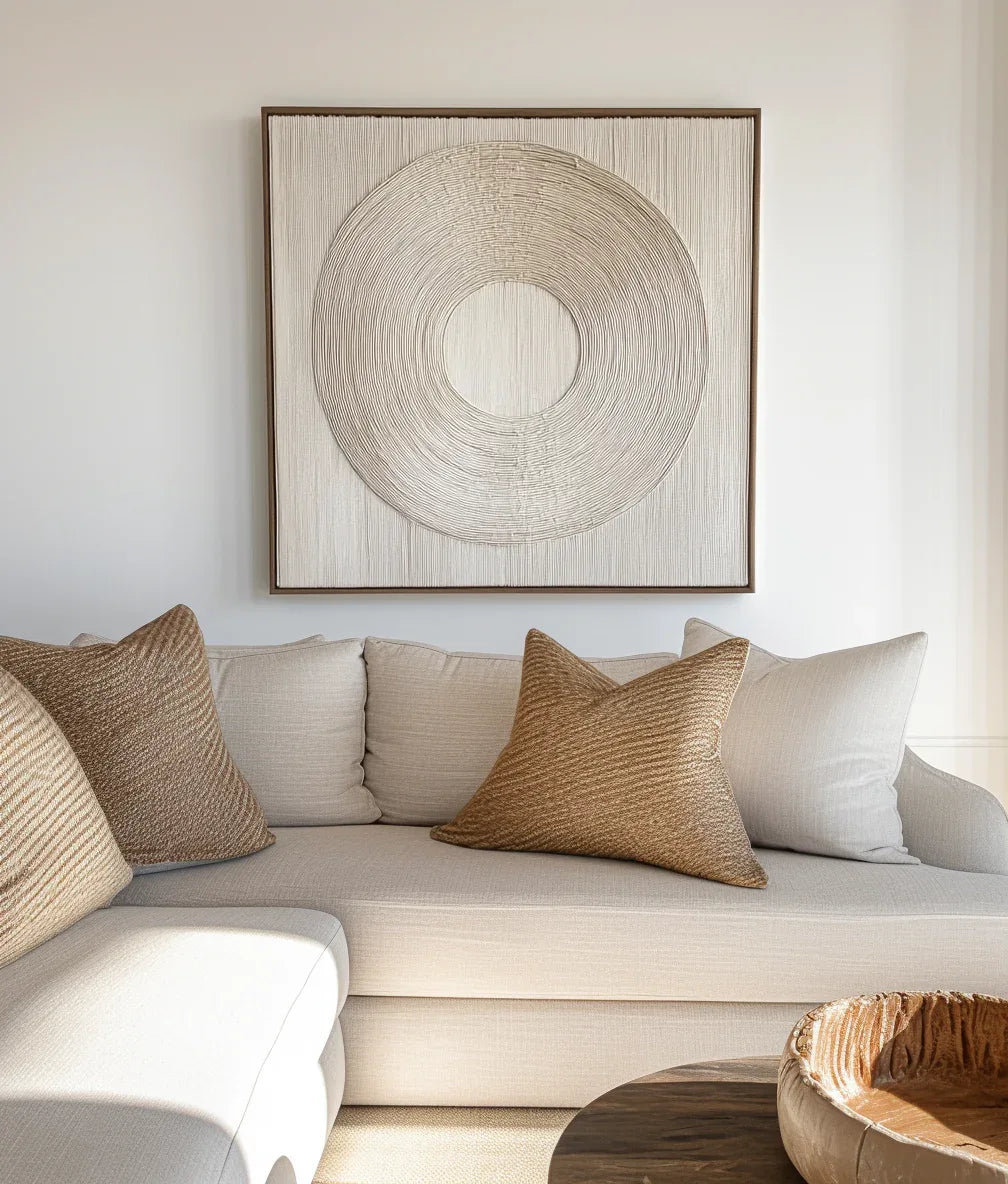 Serene Circle Textured Canvas-Minimally Styled Light Beige Hand-Painted Concentric Circular Wall Art - artextured