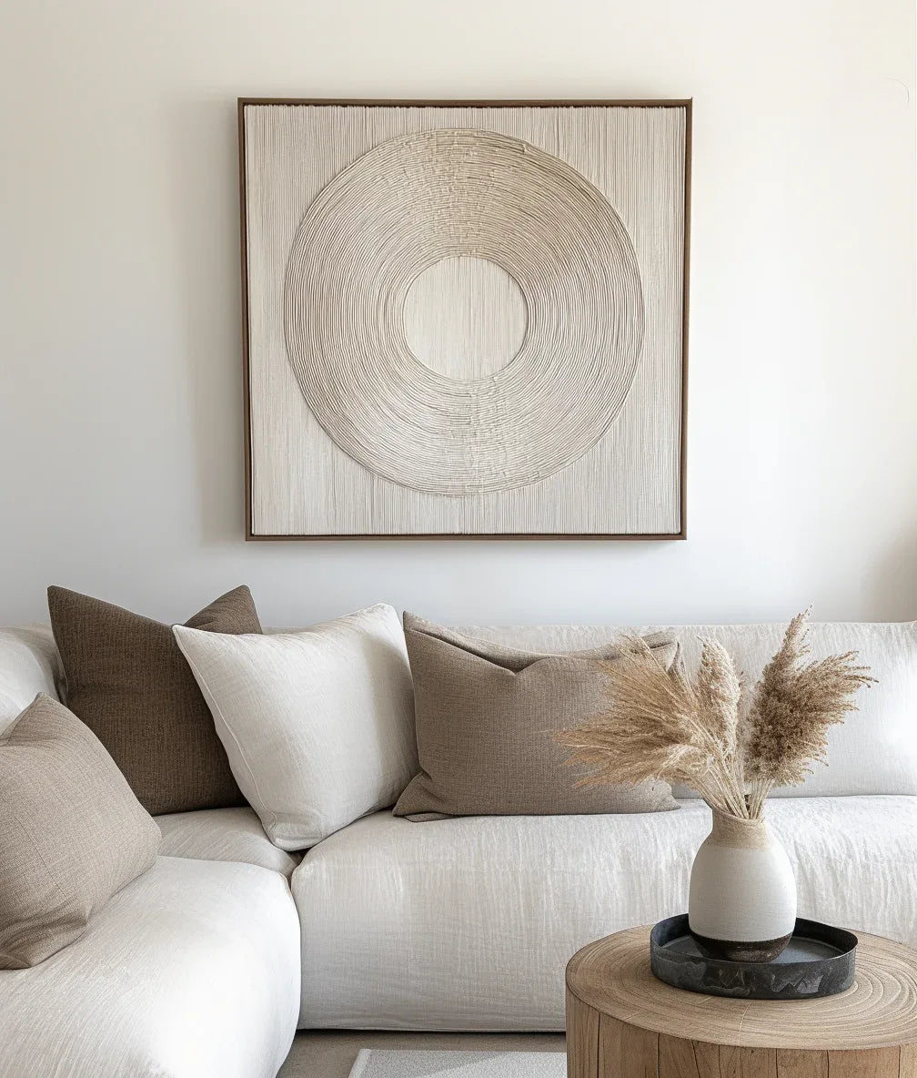 Serene Circle Textured Canvas-Minimally Styled Light Beige Hand-Painted Concentric Circular Wall Art - artextured
