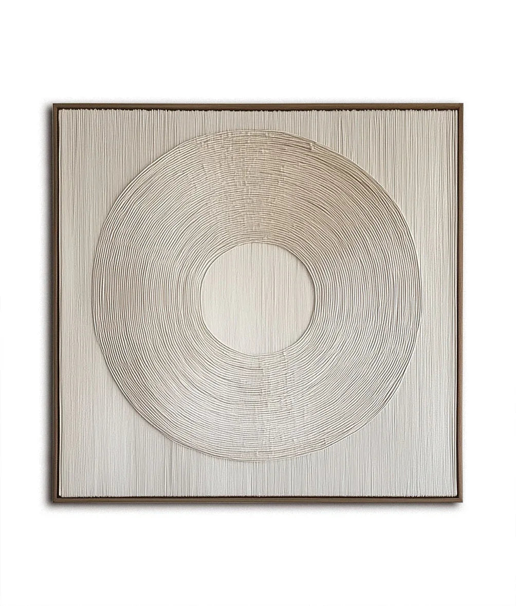 Serene Circle Textured Canvas-Minimally Styled Light Beige Hand-Painted Concentric Circular Wall Art - artextured